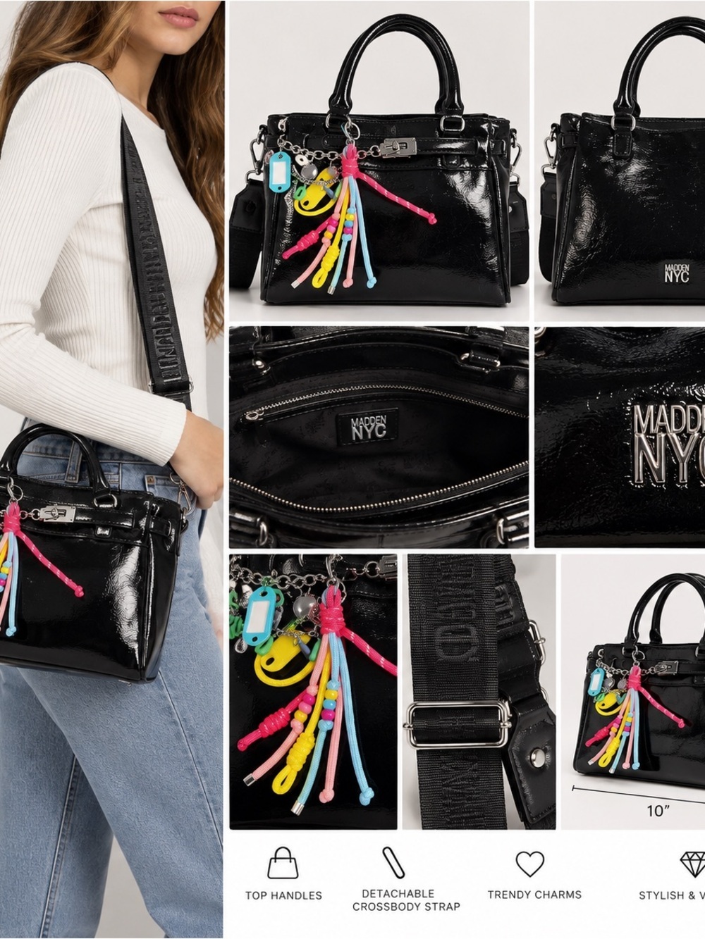 Madden NYC 2360 Black Patent Satchel Crossbody Bag Colorful Charms NWT